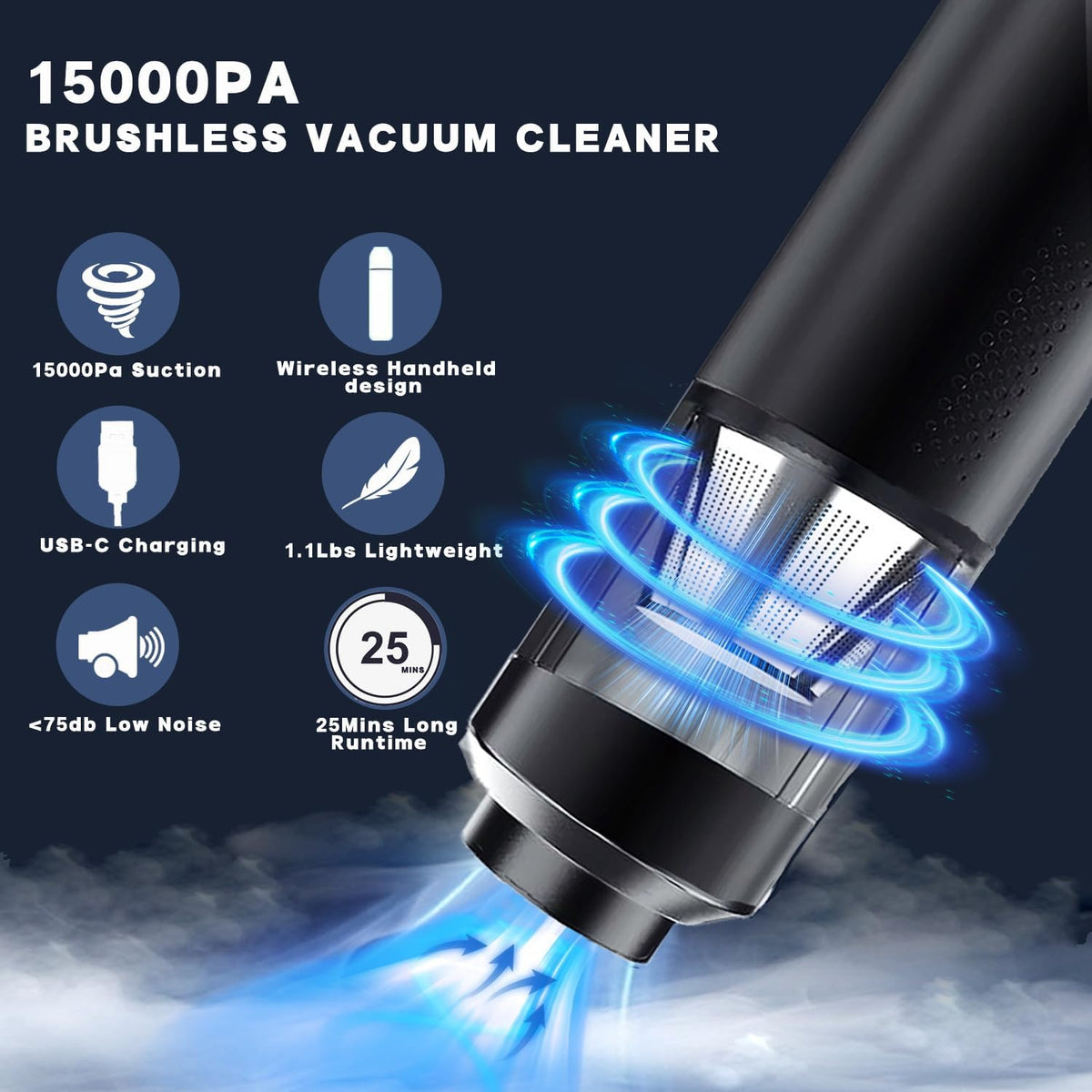 Cordless Car Vacuum – 15,000 Pa, USB-C Rechargeable 6